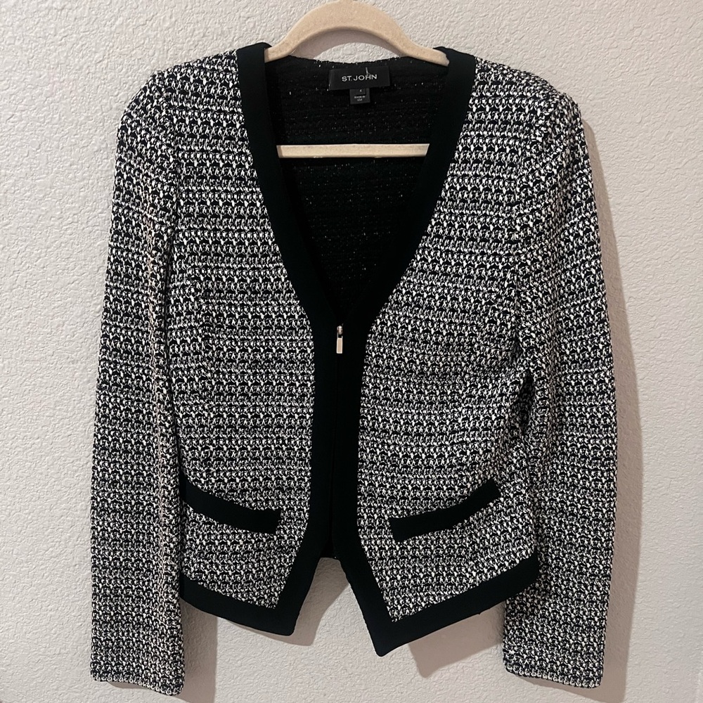 ST. JOHN Knits Caviar Multi Regatta Tweed Knit Cardigan Jacket Sz 4 Black White